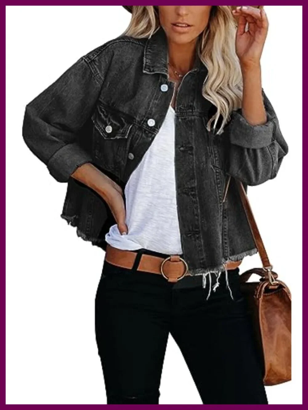 Cropped Ripped Denim Jacket Women Lightweight Button Down with Pockets